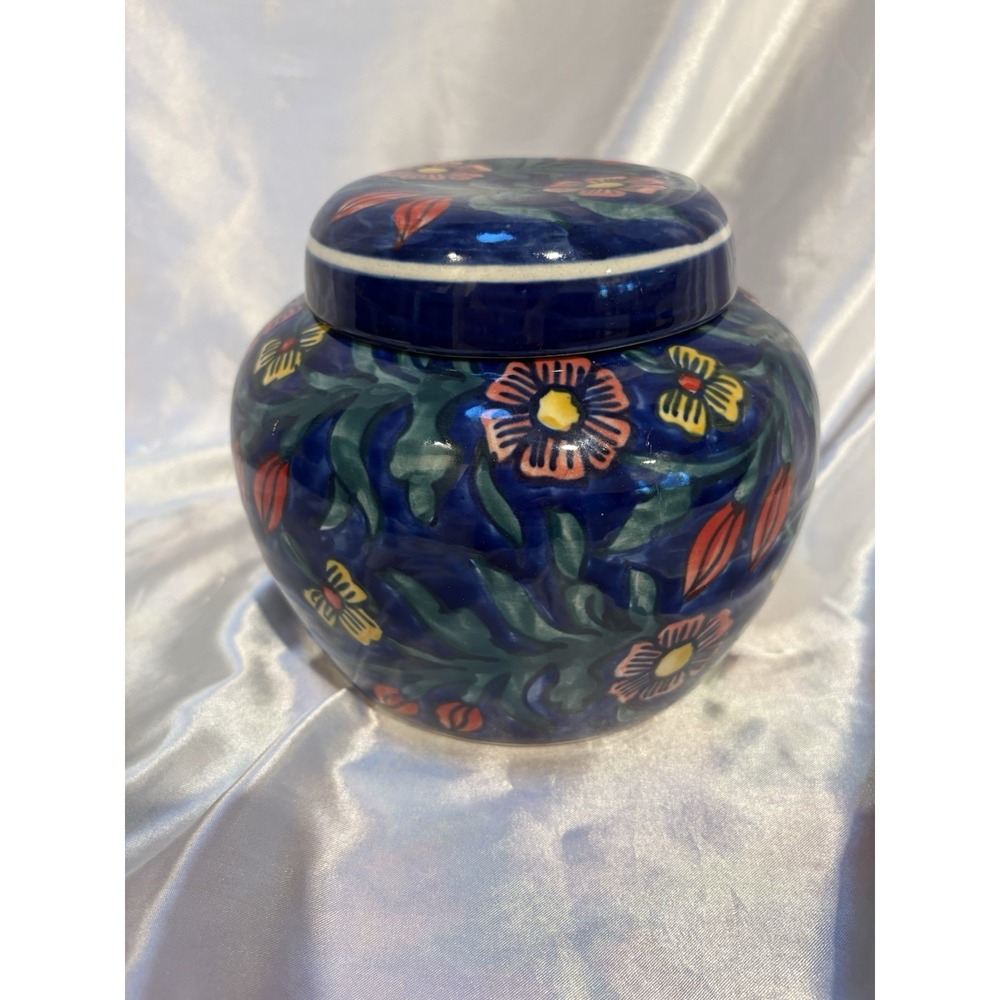 Vintage Floral Motif Cobalt blue Lidded Ginger Jar Hand Painted